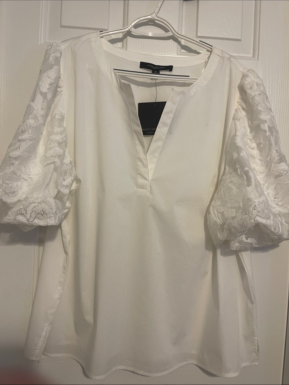 Marc New York Cream V-Neck Puff-Sleeve Blouse with Lace Sleeves